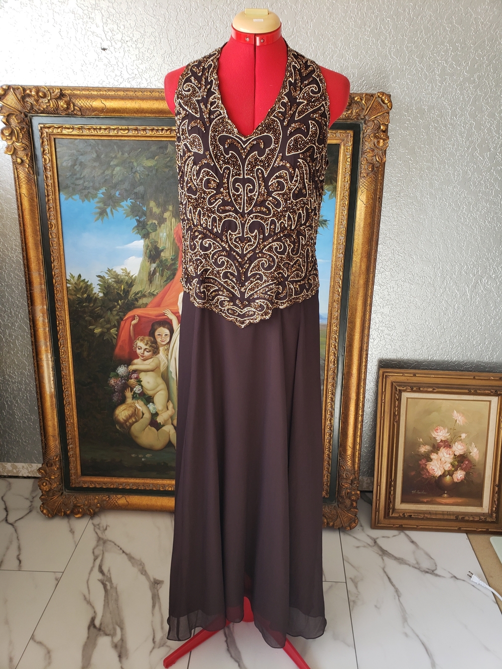 J Kara Brown Maxi Gown with Gold Beaded Halter